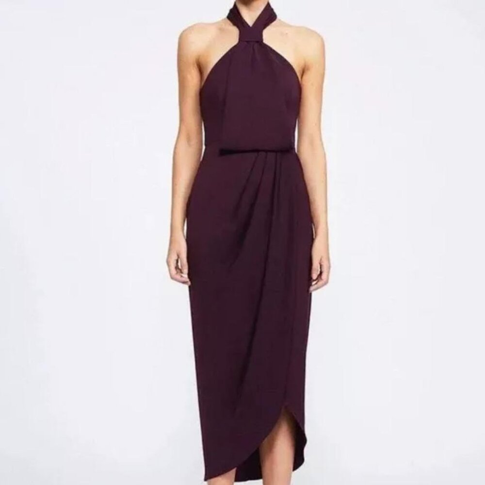 Shona Joy Core Knot Draped Halter Midi Dress Oyster Taupe Gray Sz 6